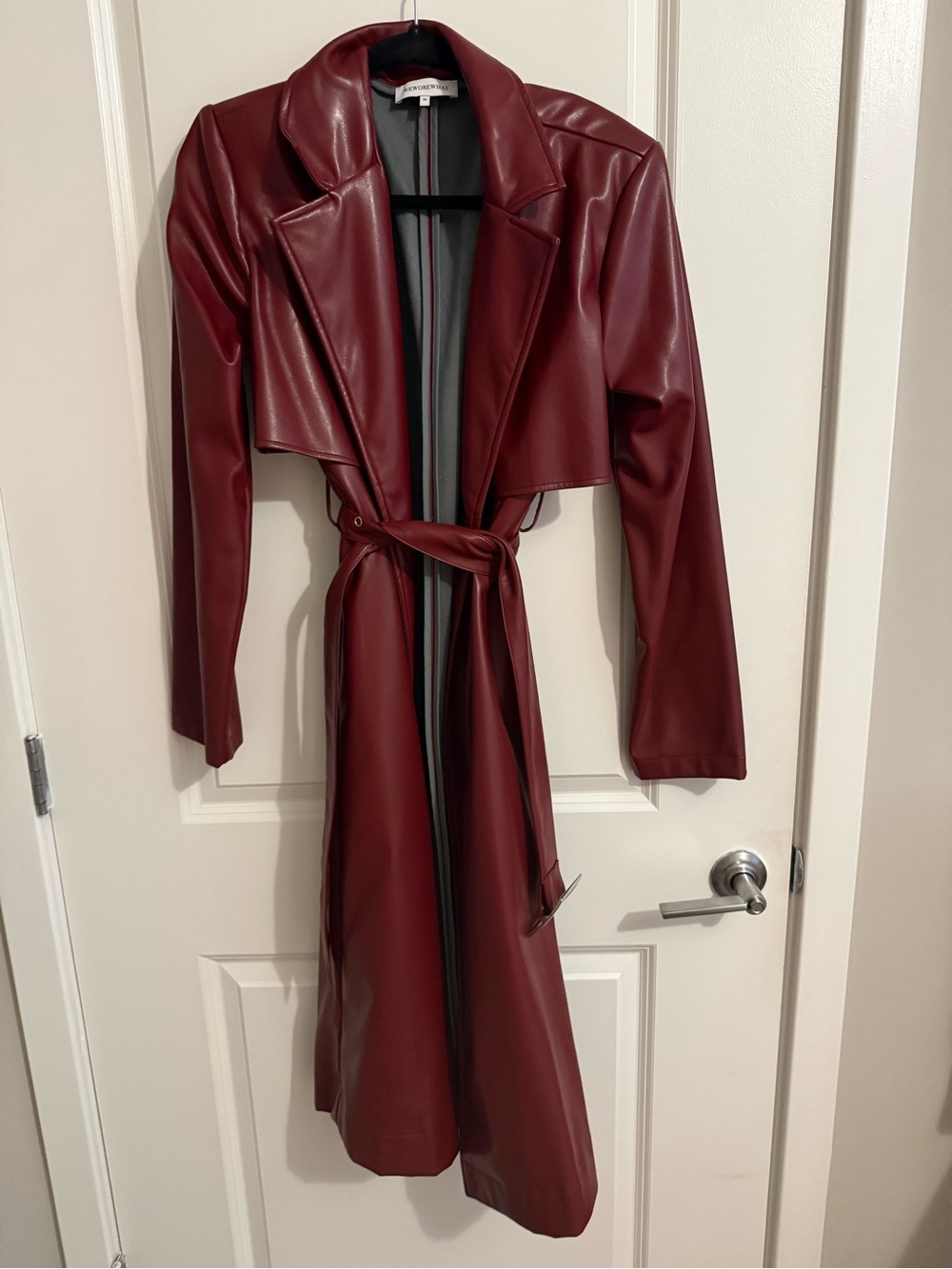 WeWoreWhat Burgundy Faux Leather Trench Coat with Waist Tie